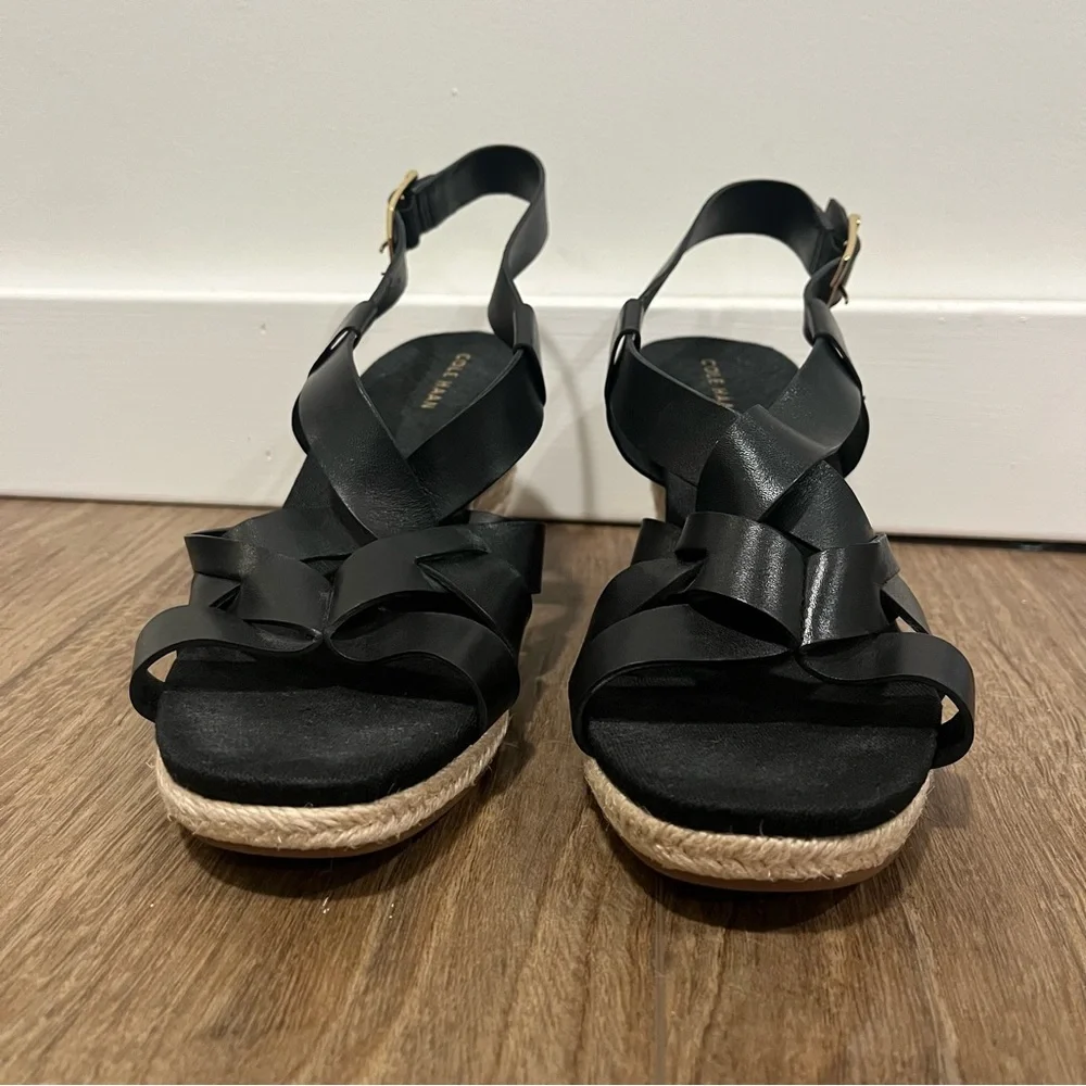 Cole Haan Crystal Wedge Sandals Black‎ Leather Size 7.5B